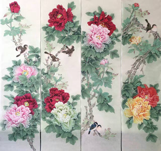 许国华工笔牡丹作品四尺斗方与四条屏