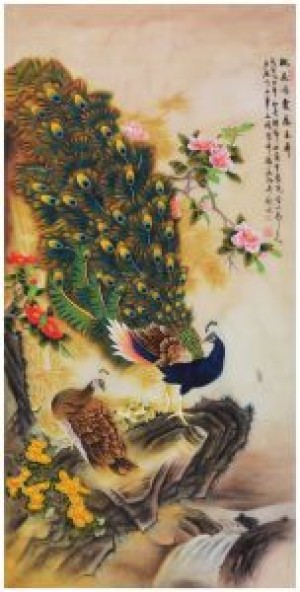 著名画家张月岗作品—花好月圆（工笔孔雀）
