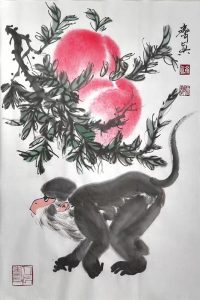 画家齐真作品—福寿安康(灵猴)