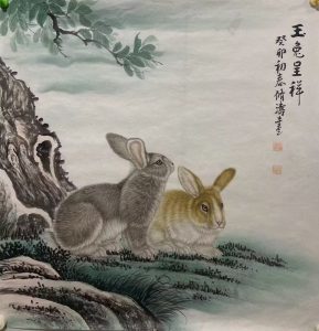 王修涛国画作品：玉兔呈祥（四尺斗方）